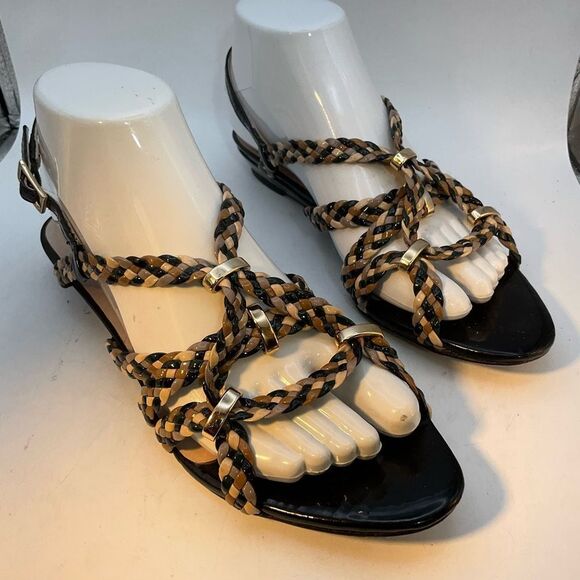 Loeffler Randal Ladies Sandals 8 Black Gold Beige Patent Leather Flats Shoes - Picture 3 of 15